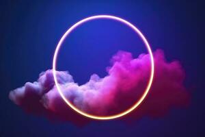 3d render, abstract cloud illuminated with neon light ring on dark night sky. Glowing geometric shape, round frame, generate ai photo