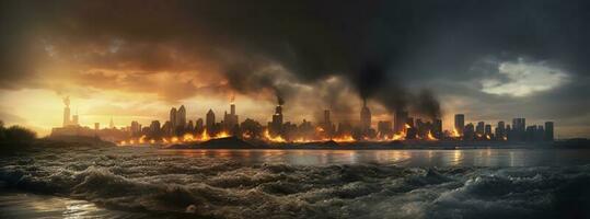 Post apocalypse. Nuclear apocalypse survivor. Ruined Cityscape. Concept. Banner size. Header, A nuclear explosion in the center of the metropolis. The beginning of apocalyptic, generate ai photo