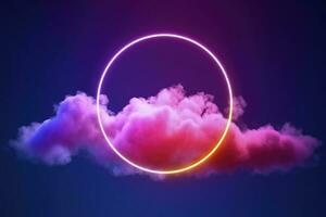 3d render, abstract cloud illuminated with neon light ring on dark night sky. Glowing geometric shape, round frame, generate ai photo