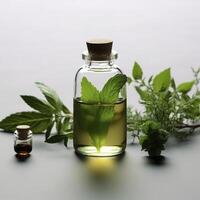 Herb essential oil aroma bootle and leaf , photo