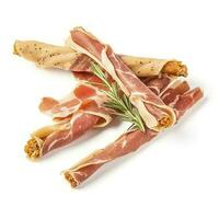 Tasty Italian Grissini with slices of jamon on white background, generate ai photo