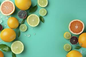 Citrus paradise concept. Top view of juicy oranges, lemons, limes and grapefruits on turquoise background with empty space for promotional text, generate ai photo