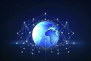 Global network on Earth concept. 3D rendering, World map point. Big data analytics and business concept, world map point and line composition concept of global business, generate ai photo