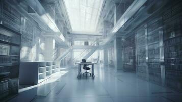 artificial intelligence white library classroom in space, a futuristic  library with a lot of books with natural light,  photorealistic 2050, generate ai photo