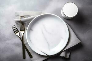 White plate and cutlery on stone table. Table setting, flat lay image, generate ai photo