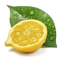 Citrus Lemon leaf with water drops isolated on white background, generate ai photo