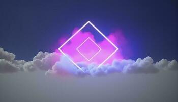 3d render, abstract minimal background with pink blue yellow neon light square frame with copy space, illuminated stormy clouds, glowing geometric shape, generate ai photo