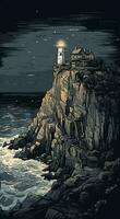 Lighthouse on a rock in stormy weather, generate ai photo