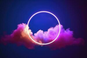 3d render, abstract cloud illuminated with neon light ring on dark night sky. Glowing geometric shape, round frame, generate ai photo