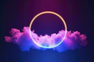 3d render, abstract cloud illuminated with neon light ring on dark night sky. Glowing geometric shape, round frame, generate ai photo