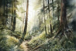 Sunny summer forest.Picture created with watercolors , generate ai photo