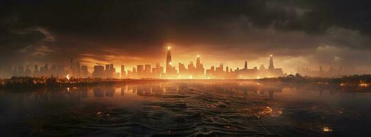 Post apocalypse. Nuclear apocalypse survivor. Ruined Cityscape. Concept. Banner size. Header, A nuclear explosion in the center of the metropolis. The beginning of apocalyptic, generate ai photo