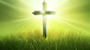 Background with green buds and beautiful flowers and the holy cross of jesus christ, generate ai photo