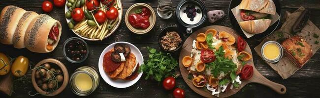 Table scene with a selection of delicious foods. Top view over a dark wood banner background, generate ai photo