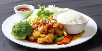 Rice with Sweet and Sour Dorry Fish also Healthy Vegetables, generate ai photo