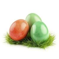 Easter eggs in green grass isolated on white background, generate ai photo