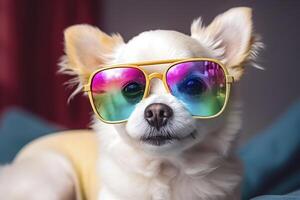 Cute puppy with colorful sunglasses , symbolic of LGBTQ campaign , photo