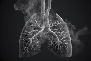 Human Lungs with smoke, Lung disease from smoking, pm 2.5 and air pollution,Human Lung model illness, Lung cancer, and lung disease, Generative Ai photo