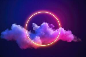 3d render, abstract cloud illuminated with neon light ring on dark night sky. Glowing geometric shape, round frame, generate ai photo