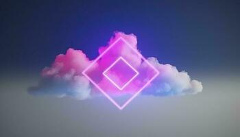 3d render, abstract minimal background with pink blue yellow neon light square frame with copy space, illuminated stormy clouds, glowing geometric shape, generate ai photo