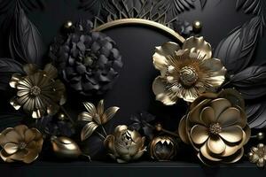 3d mural floral wallpaper. golden and black flowers and leaves. 3d render background wall decor, generate ai photo