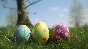 foto de de colores Pascua de Resurrección huevos tendido en césped afuera, generar ai