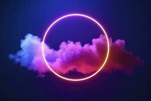 3d render, abstract cloud illuminated with neon light ring on dark night sky. Glowing geometric shape, round frame, generate ai photo