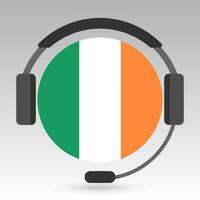 Ireland flag with headphones, support sign. Vector illustration.