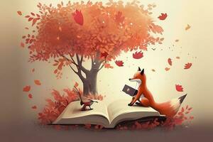 Smart fox reading book - greeting cards, generate ai photo