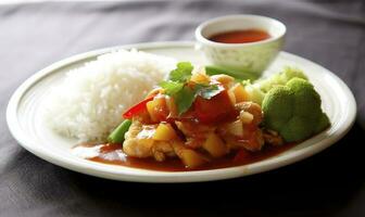 Rice with Sweet and Sour Dorry Fish also Healthy Vegetables, generate ai photo