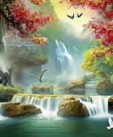 3d mural colorful landscape. flowers branch multi colors with trees and water. Waterfall and flying birds. suitable for printing on canvas, generate ai photo