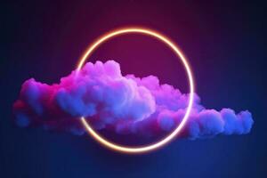 3d render, abstract cloud illuminated with neon light ring on dark night sky. Glowing geometric shape, round frame, generate ai photo