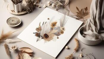 Empty template in boho style greeting cards, greeting or wedding card mockup with dried flowers. image photo