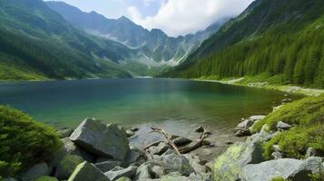 Reflection of mountain range in lake, Grand Teton National Park, generate ai photo