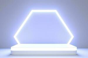 Realistic podium display with neon white lights, Product display background with light frame, White prodium product display with light effect, neon lights background, generate ai photo