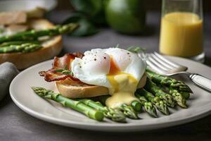 Benedict poached Duck egg with crispy bacon and fried asparagus on toasts for breakfast, generate ai photo