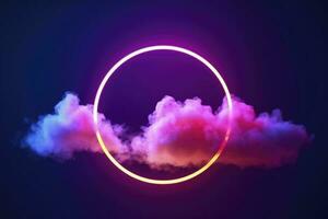 3d render, abstract cloud illuminated with neon light ring on dark night sky. Glowing geometric shape, round frame, generate ai photo