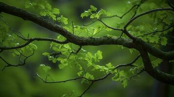 Earth Day and World Environment Day, Spring, Tropical tree leaves and branch with beautiful green forest background, generate ai photo