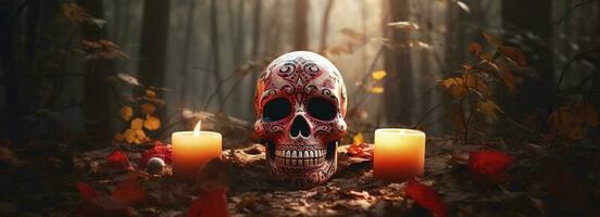 Day of the Dead skulls. Dia de los muertos. Day of the dead and mexican Halloween background. Mexican tradition festival. Day of the dead sugar skull. Dia de los Muertos, generate ai photo