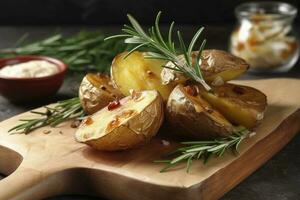 Tasty baked potato and aromatic rosemary served on wooden board, closeup, generate ai photo