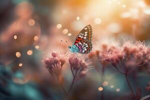 Field of daisies in golden rays of the setting sun in spring summer nature with an orange butterfly outdoors, photo