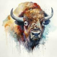 Bison buffalo bull wild animal watercolor painting illustration isolated on white background, generate ai photo