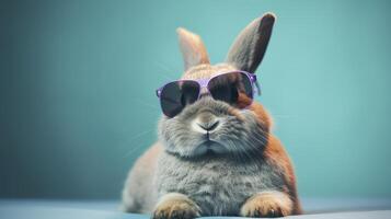 Cool bunny with sunglasses on colorful background. photo