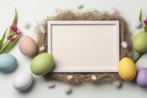 Colorful Easter Eggs with white frame copy space , photo