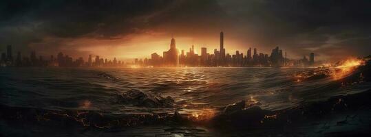 Post apocalypse. Nuclear apocalypse survivor. Ruined Cityscape. Concept. Banner size. Header, A nuclear explosion in the center of the metropolis. The beginning of apocalyptic, generate ai photo