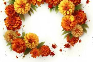 Yellow and red Marigold flowers wreath isolated on white background , generate ai photo