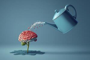 Human brain growing from a flower, watering can is pouring water on the mind, mental health concept, positive attitude, creative thinking, photo