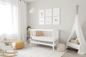 Modern minimalist nursery room in scandinavian style. Baby room interior in light colours, image photo