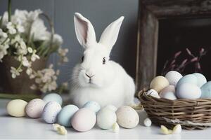 White rabbit with Easter eggs for Easter Day , photo