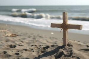 crucifixión de Jesús Cristo - cruzar a atardecer, generar ai foto